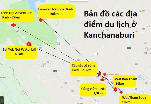Bản đồ các địa điểm du lịch ở Kanchanaburi, Thái Lan chi tiết