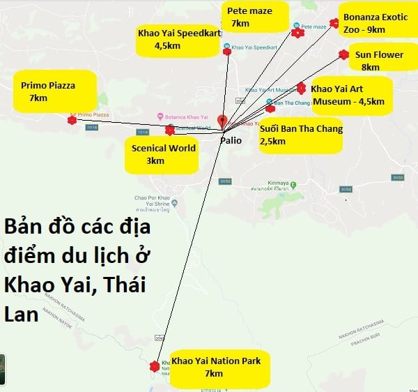 Bản đồ các địa điểm du lịch ở Khao Yai, Thái Lan. Bản đồ du lịch Thái Lan chi tiết