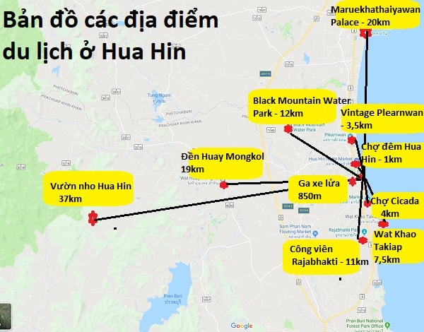 Bản đồ các điểm du lịch ở Hua Hin, Thái Lan