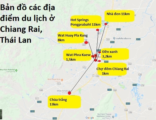 Bản đồ địa điểm du lịch ở Chiang Rai, Thái Lan