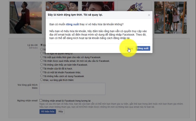 Thông báo hiển thị sau khi click vào lý do rời facebook