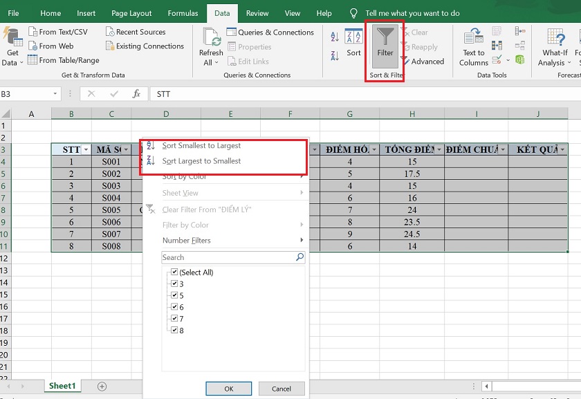 Sắp xếp thứ tự trong Excel bằng cách dùng Filter
