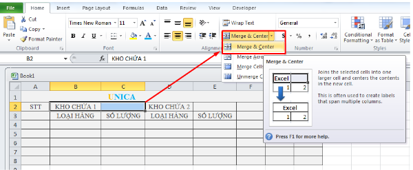 Ví dụ cách gộp ô trong Excel