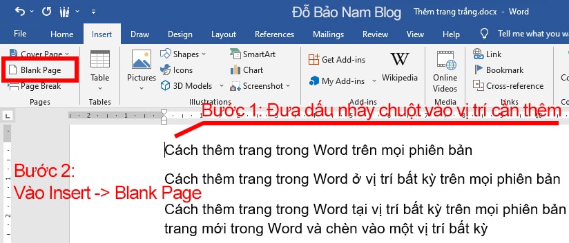 Cách thêm trang trong Word bằng công cụ Blank Page