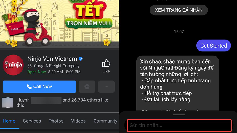 Nhắn tin đến Fanpage Facebook Ninja Van Vietnam