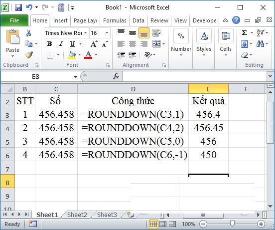 Làm tròn số trong Excel bằng hàm làm tròn xuống ROUNDDOWN