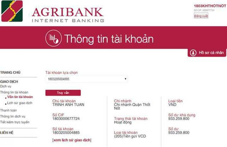 Thông tin tài khoản ngân hàng trực tuyến Internet banking Agribank