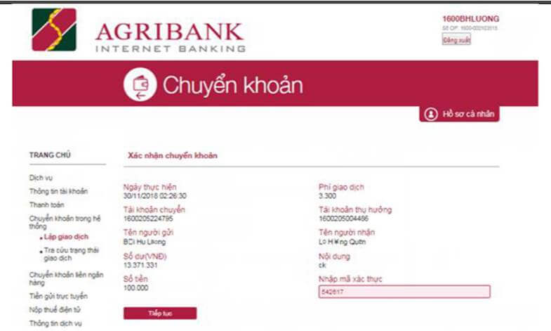Chuyển khoản Internet banking Agribank