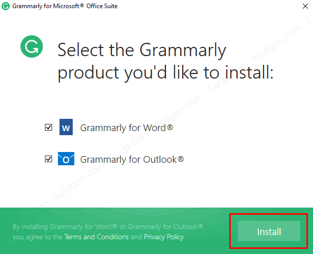 Nhấp Install để cài đặt Grammarly trong Word và Outlook