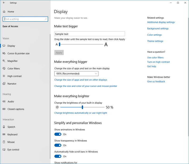 Ease of Access Settings in Windows 10