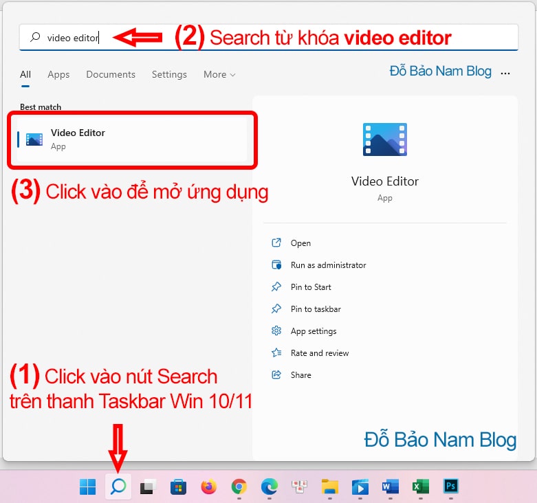 Để mở ứng dụng Video Editor, bạn chỉ cần tìm kiếm ứng dụng tại nút Search trên thanh taskbar