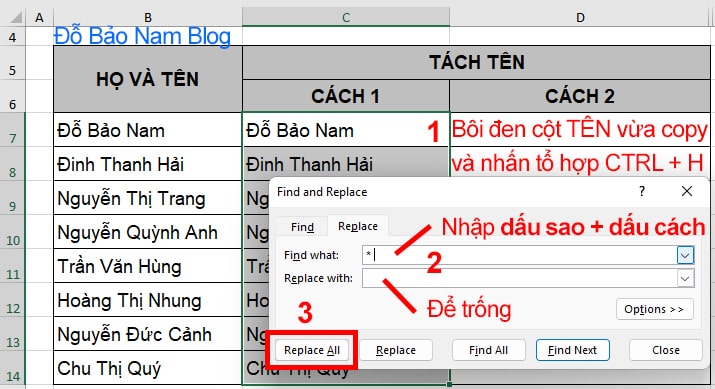 Cách tách tên trong Excel bằng Find and replace - B2