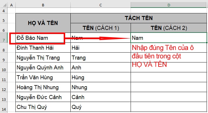 Tách tên trong Excel bằng công cụ Flash Fill - B1