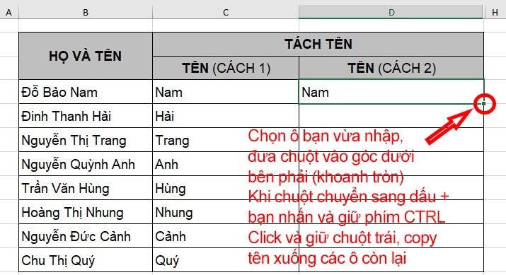 Tách tên trong Excel bằng công cụ Flash Fill - B2