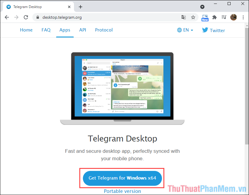 Chọn mục Get Telegram for Windows x64 để tải bản cài đặt về máy tính