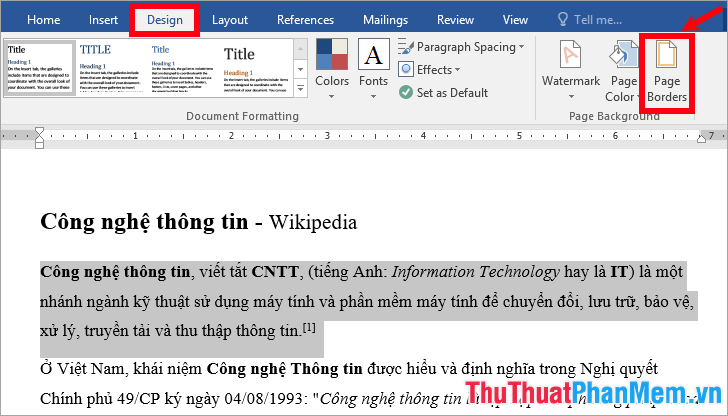 Chọn thẻ Design - Page Borders trong Page Background