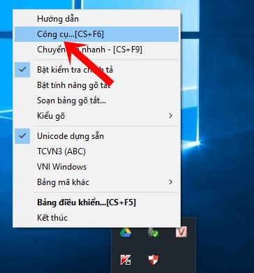 Bật UniKey Toolkit bằng cách click chuột phải vào biểu tượng Unikey ở góc phải dưới màn hình, chọn Công cụ…[CS+F6] hoặc nhấn Ctrl+Shift+F6