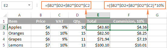 Complex Excel formulas with constants and mathematic operators