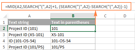 Excel SEARCH formula to find and extract text between parentheses