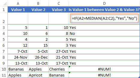 Using IF with the MEDIAN function to find out all values between the given two values