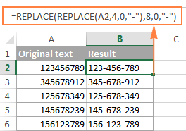 The REPLACE formula to add a hyphen in the 4<sup>th</sup> position in a cell” class=”aligncenter” src=”https://saigonmetromall.com.vn/wp-content/uploads/2022/02/replace-first-hyphen.png”/></p>
<p>Được rồi, và bây giờ chúng ta cần chèn thêm một dấu nối vào vị trí thứ 8. Để làm điều này, bạn đặt công thức trên trong một hàm REPLACE khác. Cụ thể hơn, bạn gắn nó vào đối số old_text của hàm khác, để hàm REPLACE thứ hai xử lý giá trị trả về bởi REPLACE đầu tiên, mà không phải là giá trị trong ô A2:</p>
<p><strong>= REPLACE (REPLACE (A2,4,0, “-“), 8,0, “-“)</strong></p>
<p>Kết quả là, bạn sẽ nhận được số điện thoại ở định dạng mong muốn:</p>
<p><img decoding=