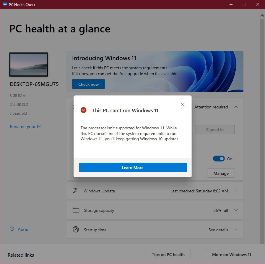 Thông báo lỗi bản PC Health Check 2.3
