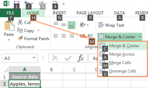 Các phím tắt để gộp ô trong Excel