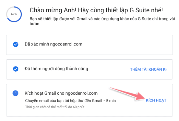 kích hoạt địa chỉ email tên miền riêng với google