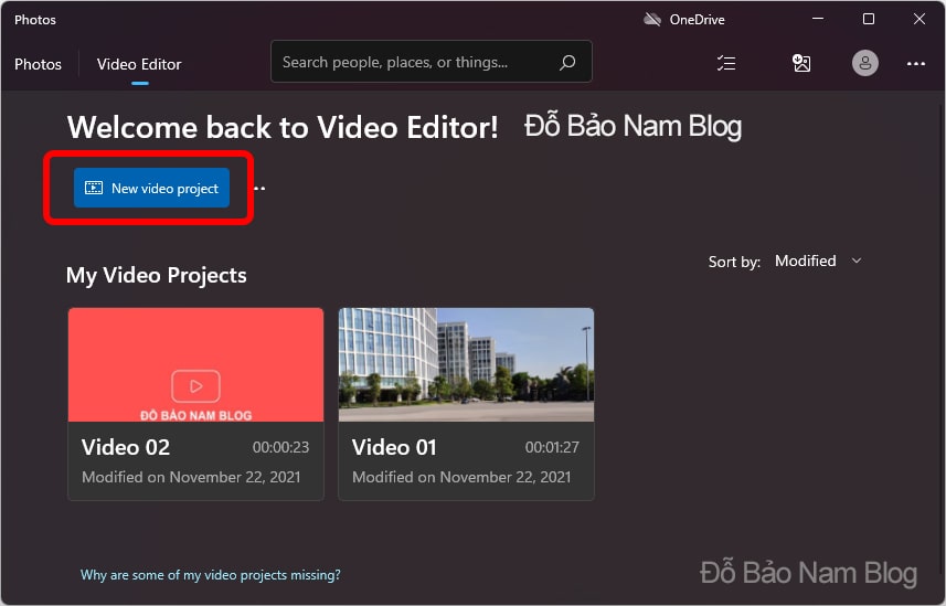 Để tạo mới project trong Video Editor, bạn click vào nút New video project