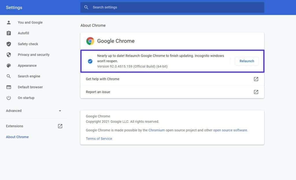 The "About Chrome" page in the browser settings, with a highlight box around the "Relaunch" option.