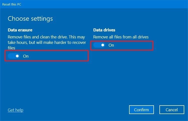 Reset this PC data erasure and data drives options