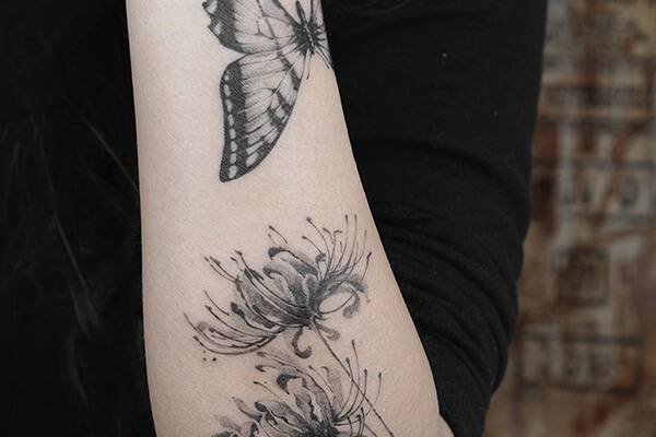 hoa bỉ ngạn và bướm ở tay