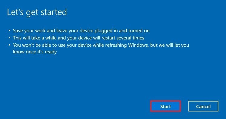 Windows 10 reset to factory settings start option