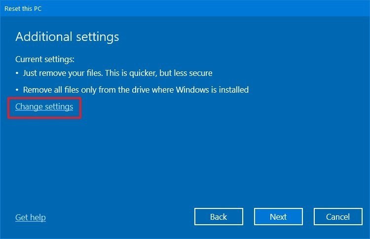 Reset this PC change settings option