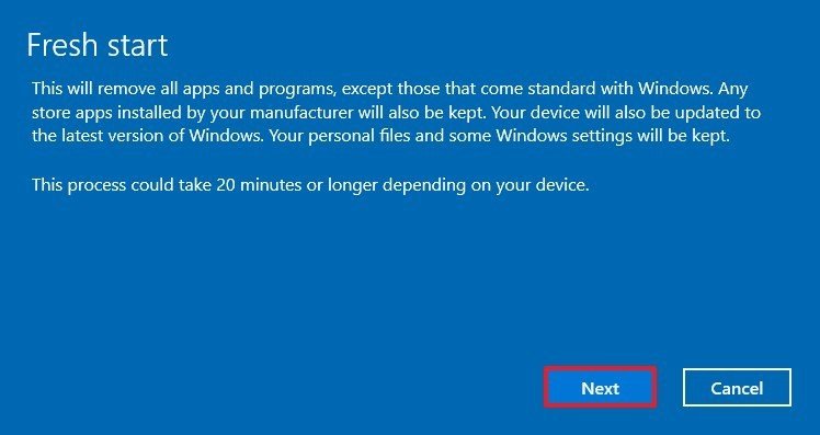 Windows 10 Fresh Start wizard