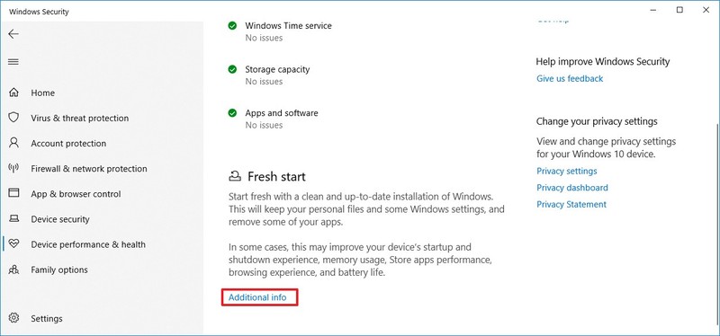 Windows Security Fresh Start option